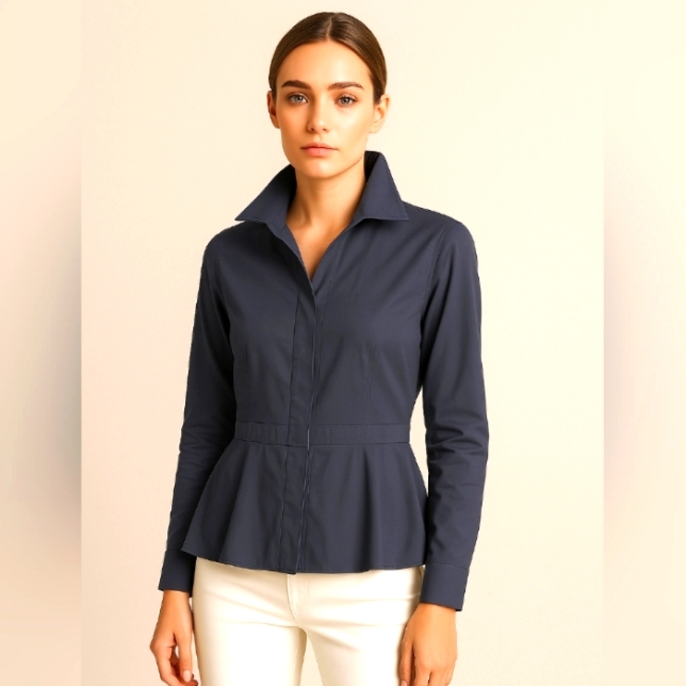 Donna Karan Navy Peplum Button-Down Shirt